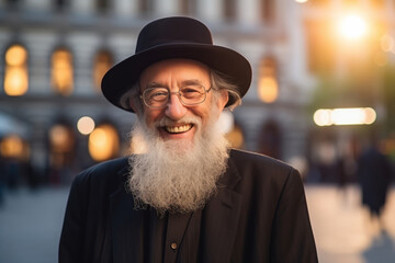 Portrait Jewish elder man smiling on outdoors summer in Israel with sunlight - obrazy, fototapety, plakaty