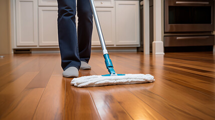 Fototapeta premium Sunlit Living Room Floor Being Cleaned with Modern Mop, sunlight