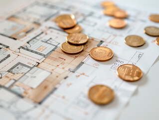 Minimalistic image of architectural drawings with gold coins scattered around on a clean background, illustrating the investment potential and value of the property. Copy space.