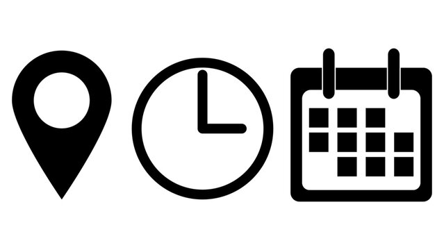 location pin, pointer, direction fill icon, time, clock line icon, calendar icon with transparent background-01