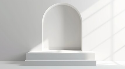 Modern illustration of white minimalistic platform and pedestal of square and arch shapes with a product podium behind it.
