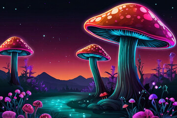 Dive into a fantasy landscape featuring isolated vector-style illustration of neon mushrooms, adding an otherworldly allure to your designs