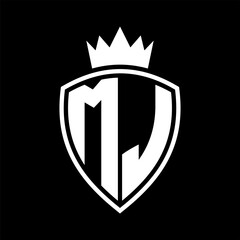 MJ Letter monogram shield and crown outline shape with black and white color design