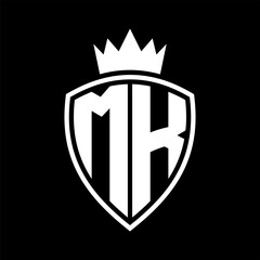 MK Letter monogram shield and crown outline shape with black and white color design