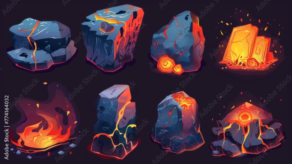 Poster a set of cartoon modern illustrations showing cracks in rocks and flowing molten magma. ground block