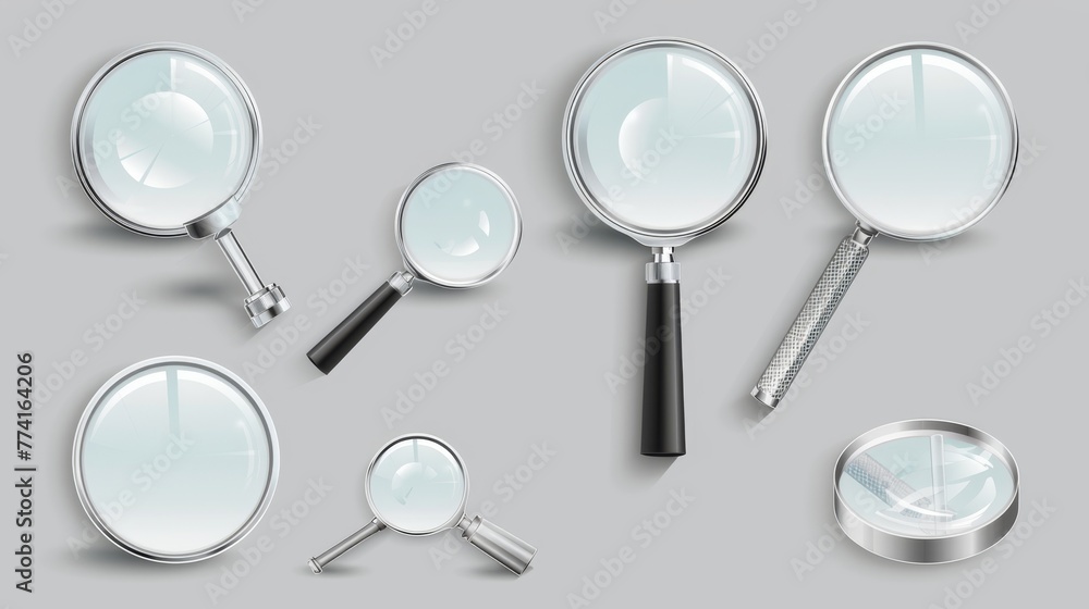 Poster optical equipment for magnification and zoom. realistic modern set of metal loupes with plastic hand