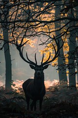 A majestic stag stands in an autumn forest with sun filtering through the leaves