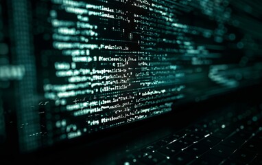 Retro coding software language interface against a dark backdrop. A sleek display of current digital script animation.