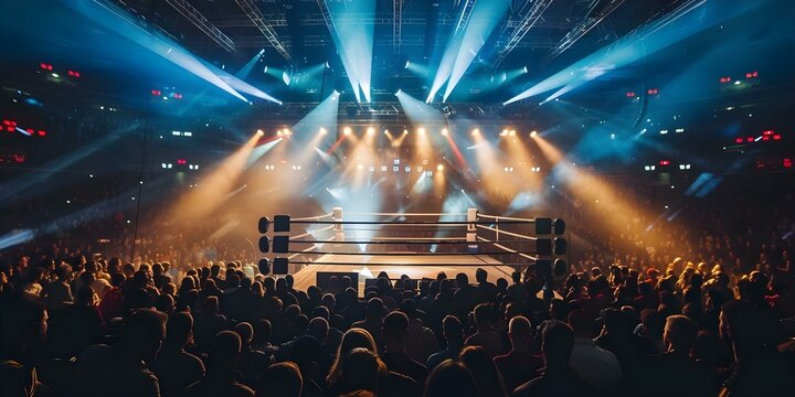 Crowded boxing arena during a light show at a sporting event showcasing mass public engagement and sports competition. Concept Sporting Events, Boxing Matches, Public Engagement, Light Shows