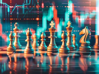  Chess pieces navigate a board set against a backdrop of stock graphs, where thunderclaps herald the volatility of both game and market