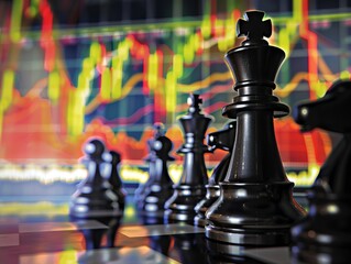 The reflective strategy of chess juxtaposed with the unpredictable nature of stock graphs, merging contemplation with speculation, super realistic