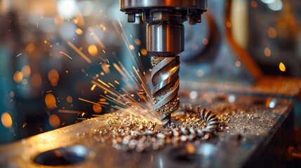 Close-up image of a drill press working on drilling through a steel surface with the focus on the metallic debris produced. - obrazy, fototapety, plakaty