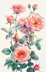 A stunning watercolor display of roses in varying shades of pink, capturing their romantic essence