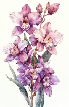 A delicate watercolor painting showcasing a cluster of purple orchids with detailed petals