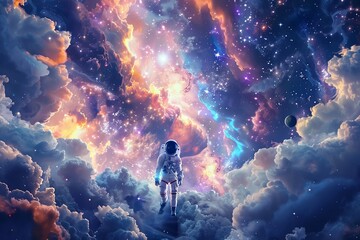 Generate a captivating visual of a spacewalk where astronauts explore the vast unknown surrounded by colorful cosmic clouds - obrazy, fototapety, plakaty