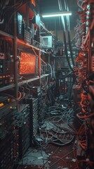 An abandoned cryptocurrency mining farm, computers off and in disarray, capturing the aftermath of a Bitcoin crash , Hyper realistic