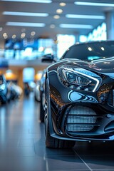 A brand-new sleek black vehicle on display at a high-end showroom. The dealership showcases the latest models for sale or rental services, with a focus on automobile leasing and insurance offerings. - obrazy, fototapety, plakaty