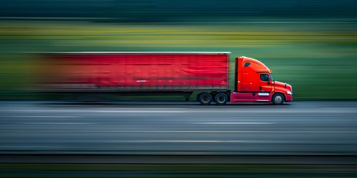 A moving semitruck in action highlighting the speed and efficiency of commercial hauling and express delivery logistics. Concept Commercial Hauling, Express Delivery, Semitruck Efficiency