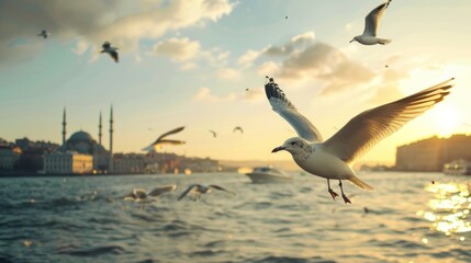 White seagull flying over sea water. AI generated images - obrazy, fototapety, plakaty