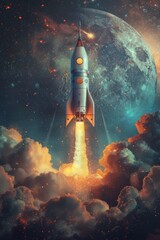 Fototapeta premium Bitcoin is surging in value, with the BTC launch heading towards the stars with a rocket visual.