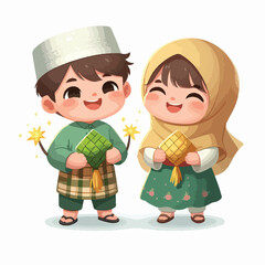 Vector image of two young children celebrating Eid al-Fitr