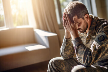 Depressed caucasian male veteran soldier, hands on head, expressing headache despair. Sunlit home room background. Concept of military stress, mental health, PTSD, psychological struggle. Copy space - obrazy, fototapety, plakaty