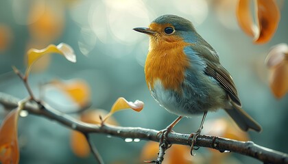 Fototapeta premium robin on a branch. closeup of bird on branch. beautiful bird standing on a branch