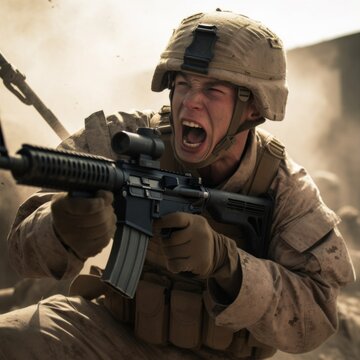 An American Soldier is fighting on the battlefield in the middle east