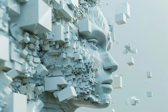 This voxel art showcases a futuristic interpretation of a human head created from geometric shapes, ideal for digital marketing materials or tech-themed projects.