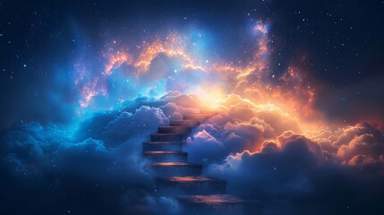 Surreal depiction of a spiral stairway disappearing into a celestial realm, symbolizing the exploration of uncharted territories of the mind