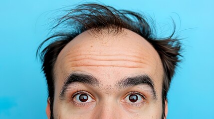 Detailed shot captures male baldness up close, highlighting the thinning or absence of hair - obrazy, fototapety, plakaty