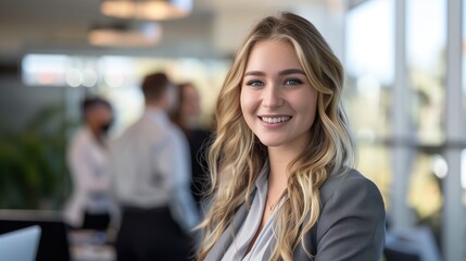 A contemporary real photo showcasing a smiling, attractive, confident professional young woman posing confidently in her office
