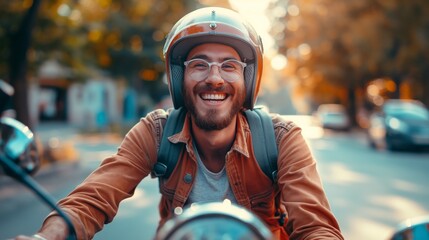 Portrait of a happy man riding around the city on a motorcycle, wearing glasses and a helmet, happy...