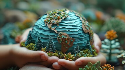 Detailed Miniature Earth Model Cradled in Hands - 774165892