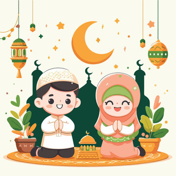 Vector image of two young children celebrating Eid al-Fitr