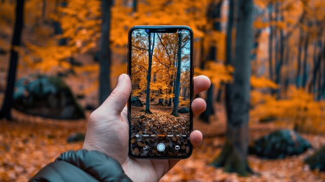 Human hand holding smartphone and taking photo of forest .AI generated image