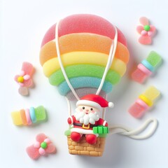 a cute santa shipper on air balloon made of pastel color rainbow gummy candy on a white background