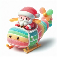 a cute santa shipper riding a helicopter made of pastel color rainbow gummy candy on a white background