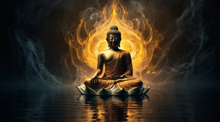 buddha statue in the night , meditation, , buddhist, zen, sculpture, yoga, lotus, gold, spiritual,...