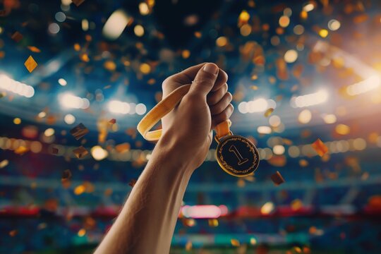 Close-up of an athlete's hand holding a ribbon with a hanging gold medal for first place, against the background of a sports stadium and falling shiny confetti, during the victory celebration