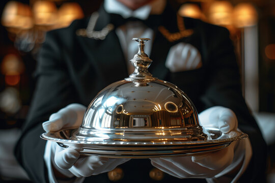 Elegant waiter in formal attire presenting a polished silver cloche on a tray, symbolizing luxury dining service.
