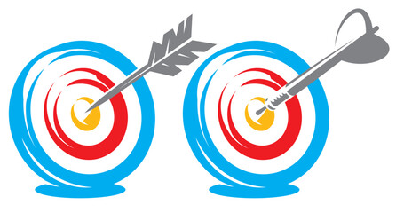 Set of two dart targets with arrow and dart on white background. Vector color illustration