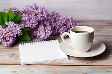 Obraz na płótnie Canvas generated illustration of notepad, pencils, lilac flower and a cup of coffee on a wooden desk