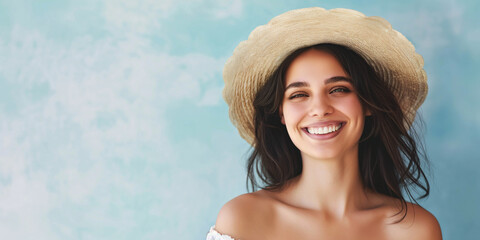 Full length photograph of a beautiful young woman with a smile in a straw hat against a light blue wall with copy space on the left, banner. High quality photo - Powered by Adobe
