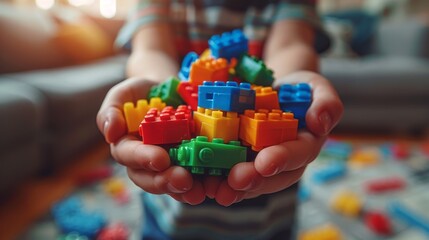 A small child holds toys in his hands, colored cubes, a construction set that he assembled from small parts, pre-school development of children