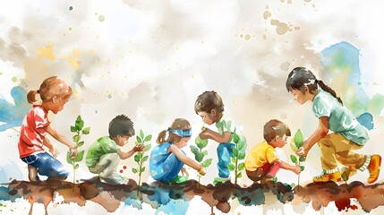 Children from Different Cultures Planting Trees,Promoting Environmental Growth and Harmony - obrazy, fototapety, plakaty