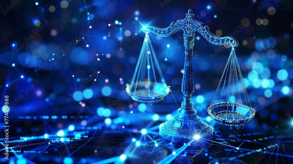 Poster high tech blue digital justice scale surrounded by digital data on blue bokeh background , represent