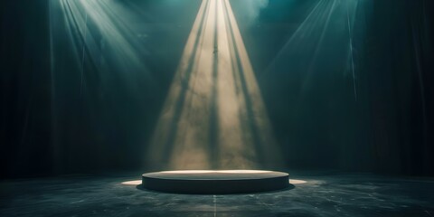 Empty stage with a single spotlight highlighting the center creating a moody and isolated atmosphere. Concept Spotlight, Isolation, Moody Atmosphere, Empty Stage