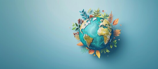 Floral and Foliage Embellished Earth on Blue Background - 774167877