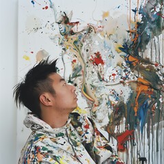Fototapeta premium A Chinese painter, in a paint-splattered smock, gazing at an unseen canvas, visualizing their next stroke